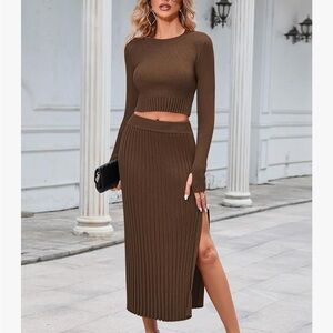 Elegant Dark Khaki Ribbed Knit Skirt Set